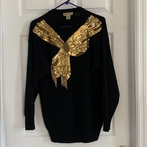 Vintage Eminent Black and Gold Wool and Embelished Bow Sweater